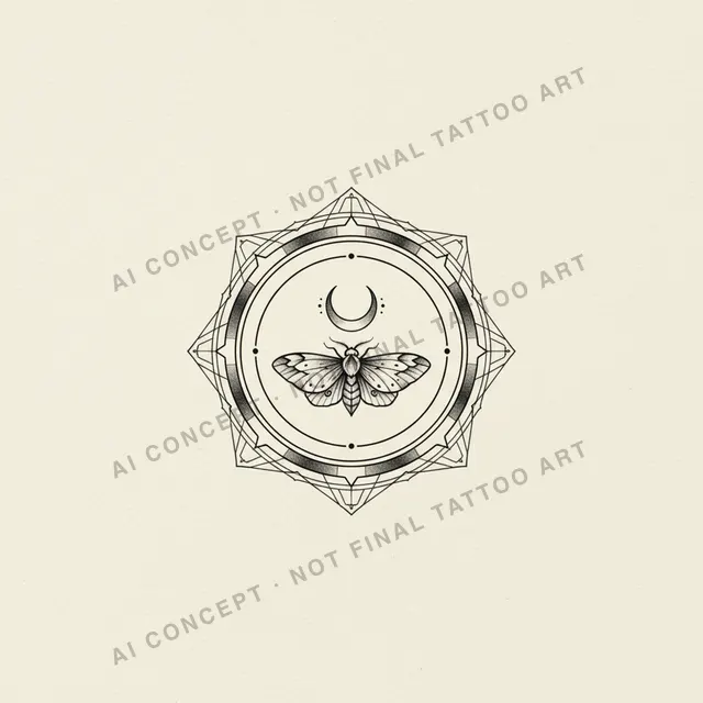 Anchored Emblem — AI concept direction for "a small moth with a crescent moon, dotwork, upper arm", not final tattoo art